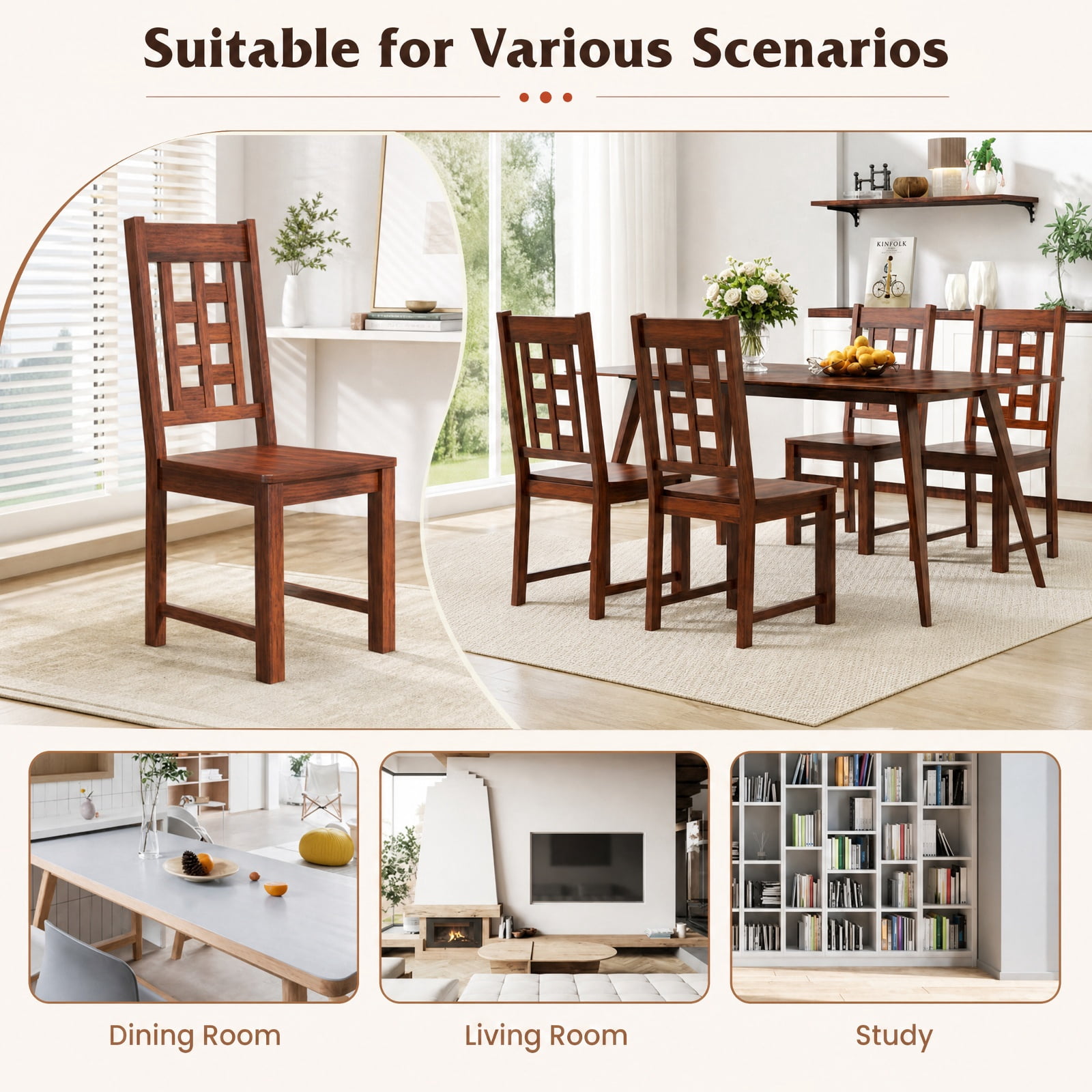 Furnibear Wooden Dining Chairs Set of 2 Kitchen Chair with Solid Rubber Wood Frame and Curved Back for Dining Room, Walnut