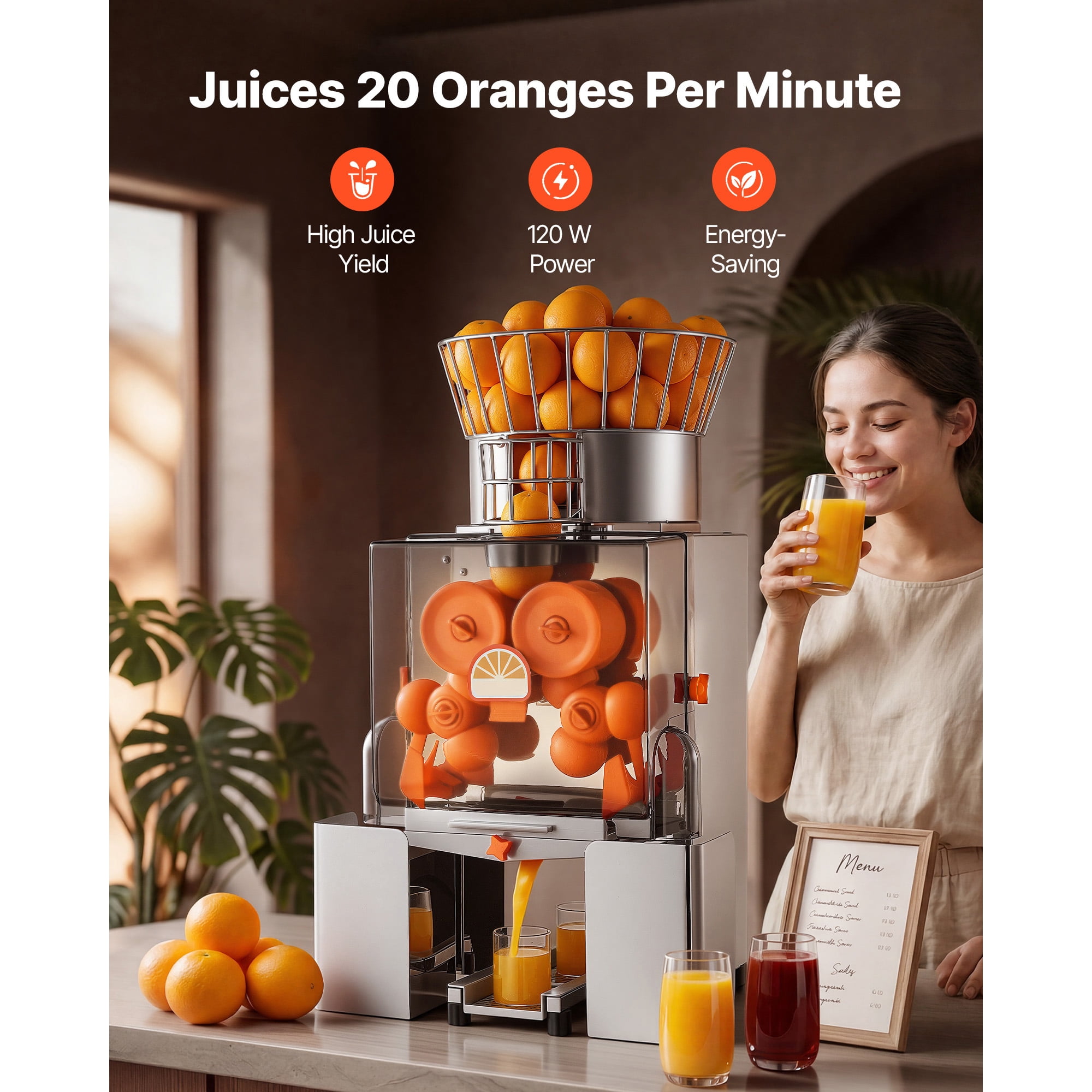 KFFKFF Commercial Orange Juicer Machine, 120W Electric Automatic Citrus Squeezer, Efficient Juice Extractor for 20 Fruits Per Minute, Stainless Steel Design with Peel Collection and Protective Cover