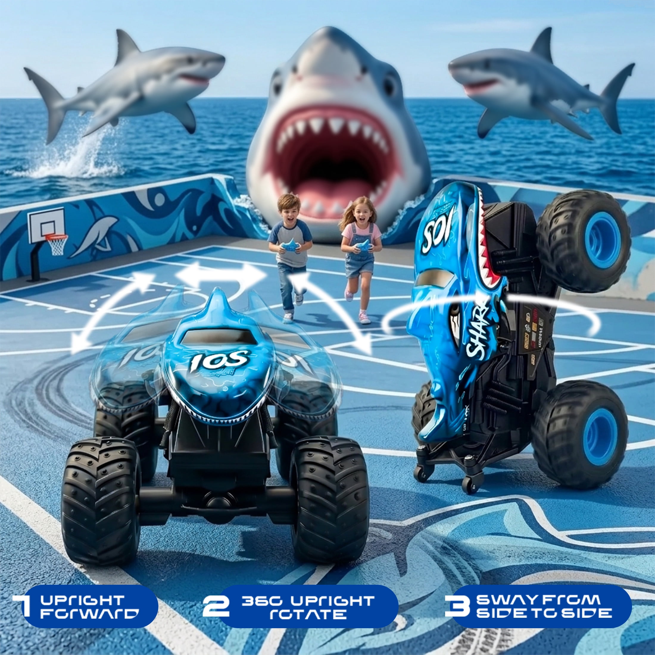 YCFUN RC Monster Truck Toy for Kids, 360° Spins RC Car with Music and LED Car Shell & Wheels for Boys Girls Ages 3+ (Blue)