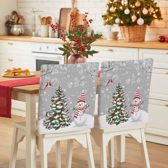 Grey Christmas Chair Covers Set of 1 Winter Snowman Snowflake Christmas Tree Chair Back Covers Stretch Removable Washable Slipcovers Protector for Dining Room Kitchen Party Decor