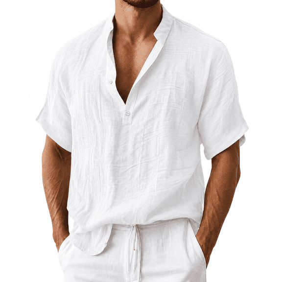Dpjklzsn Men's Linen-Look Beach Shirt, Short Sleeve Open Collar Button Shirt for Resort and Vacation Wear