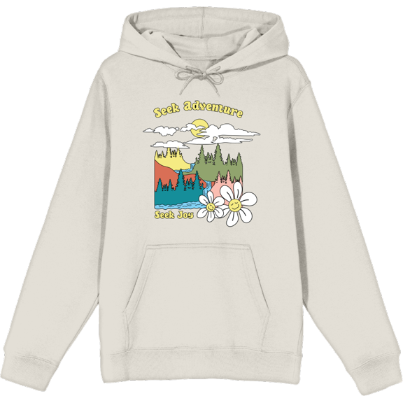 Positive Vibes Cloudy Forest Landscape Seek Adventure Seek Joy Long Sleeve Adult Hooded Sweatshirt-Large-Cream