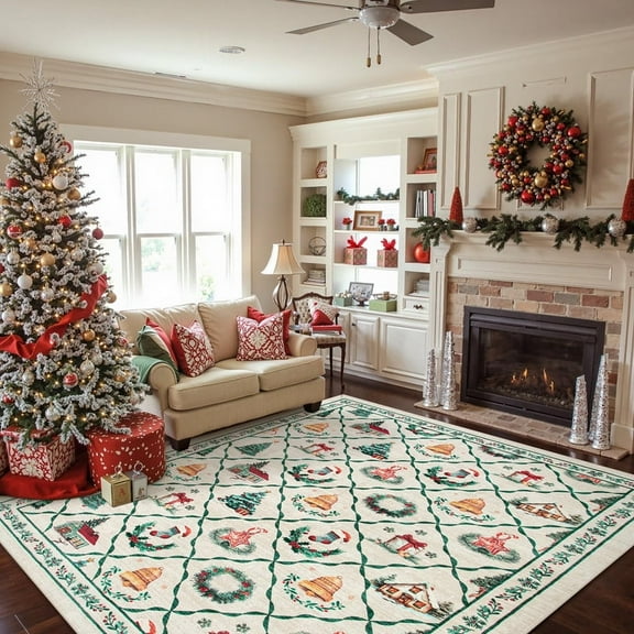 KIMODERUGS Machine Washable Light Green Christmas Rug 5x7 - Boho Living Room Rug Thin Non-Slip Area Rug for Bedroom,Large Neutral Low-Pile Green Area Rug for Living Room Dining Room Office, Beige