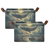 Yayeee Foldable Storage Basket for Shelves with Handles Set of 2 Waterproof Cloth Bins, Whale and Moon