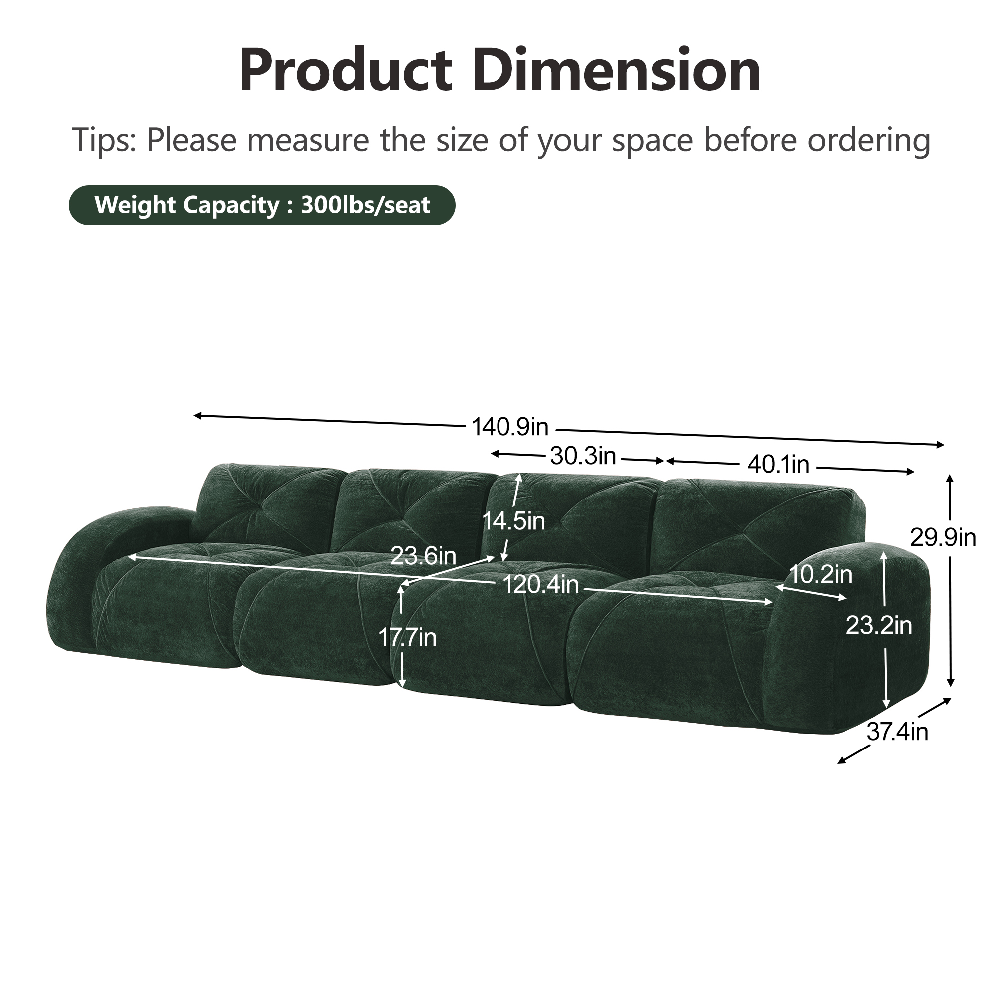 AISWORD 140" 4-Seat Extra-Wide Modular Cloud Sectional Sofa, Ultra-Soft Boneless Sectional with 32D High-Density Foam & Anti-Slip Bottom, No Assembly Required