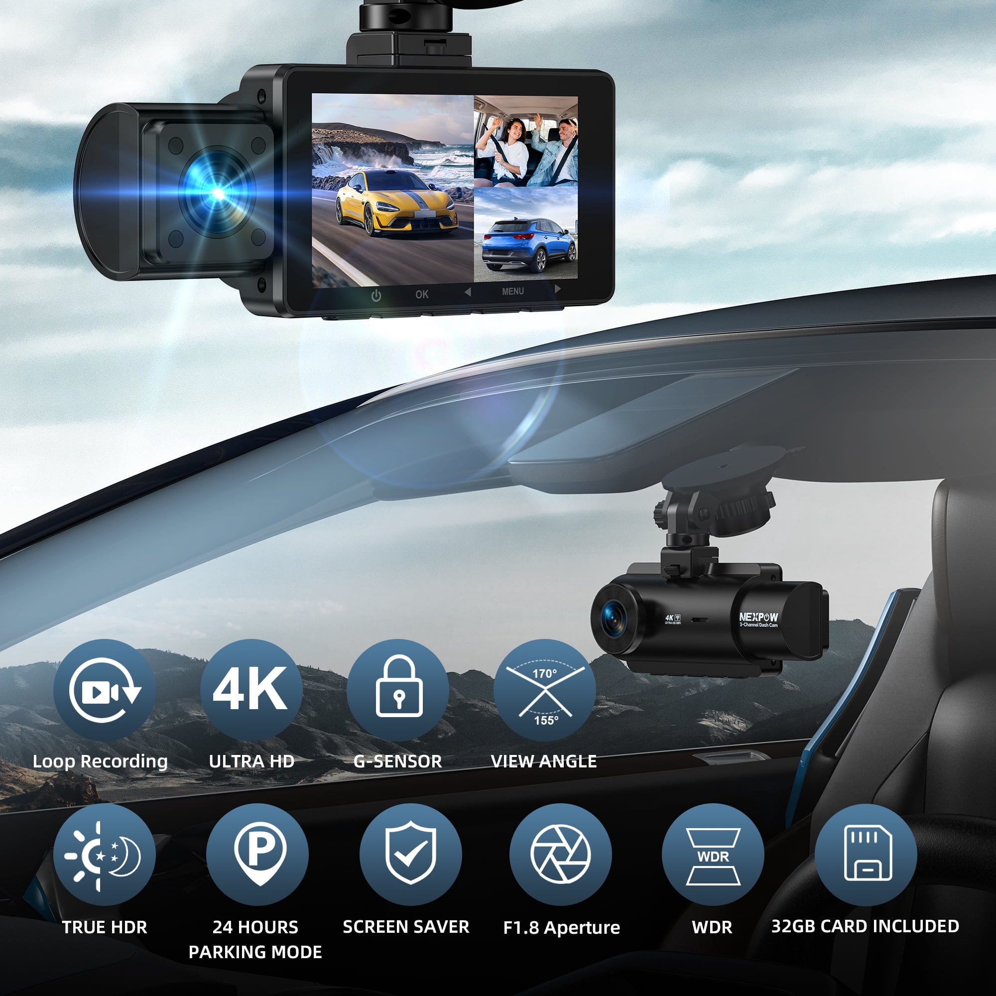 Dashcam Wi-Fi Avant/arrière 2K + 1080P - Écran IPS 3 Pouces, Vision Nocturne, Carte 128 Go Incluse - Avec Mode Parking 24h Et Assistant De Recul - 12