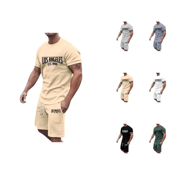 Los Angeles Graphic Short Sets for Men Relaxed Fit Crewneck T Shirt and Shorts 2 Piece Matching Set Mens Summer Outfits