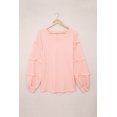 thumbnail image 4 of POGLIP Women's Pink Waffle Ruffled V Neck Loose Knit Top, 4 of 6