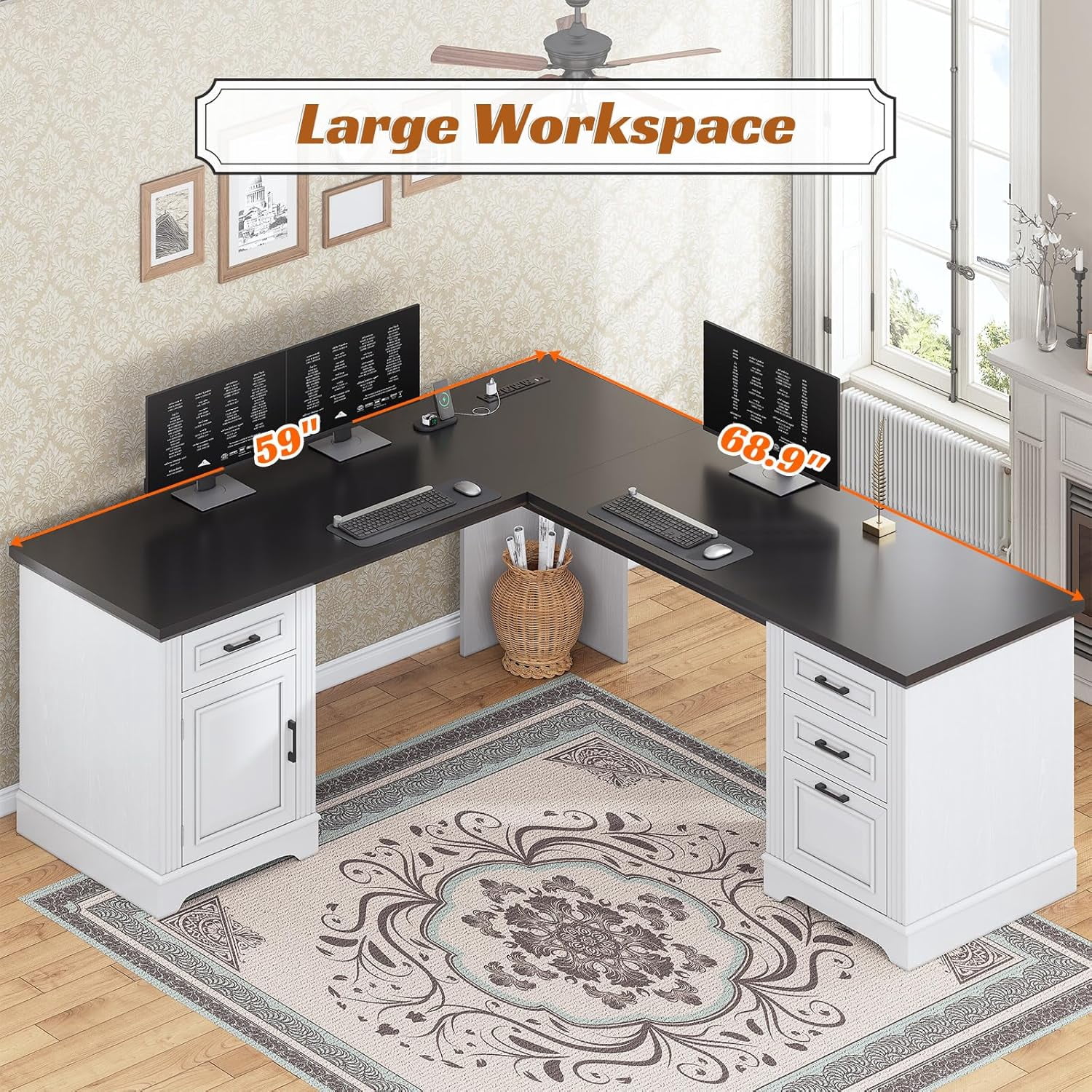 L Shaped Office Desk with Large Workspace & Charging Station, Wood Desk with 4 Drawers & Cabinet, White & Black