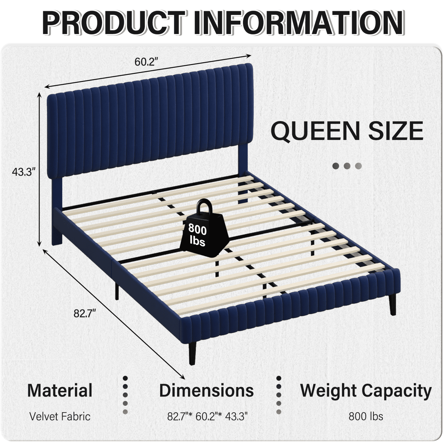 4 EVER WINNER Queen Size Bed Frame, Queen Size Upholstered Platform Bed Frame with Vertical Channel Tufted Headboard, Blue Queen Bed Frame, Blue