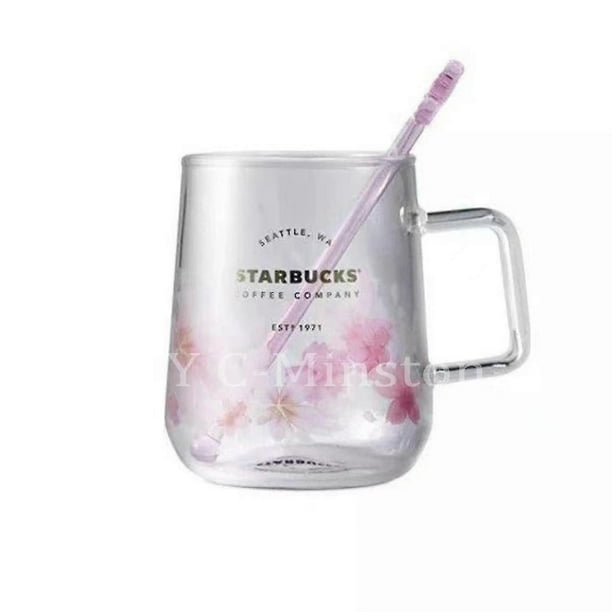 Starbucks Pink Sakura Color-changing Glass Coffee Mug Cup With Flower Stick
