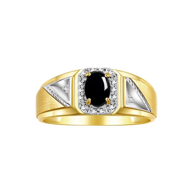 RYLOS Men's Rings Yellow Gold Plated Silver Classic 7X5MM Oval Gemstone & Diamond Ring Cabochon Onyx October Birthstone Rings For Men Size 10