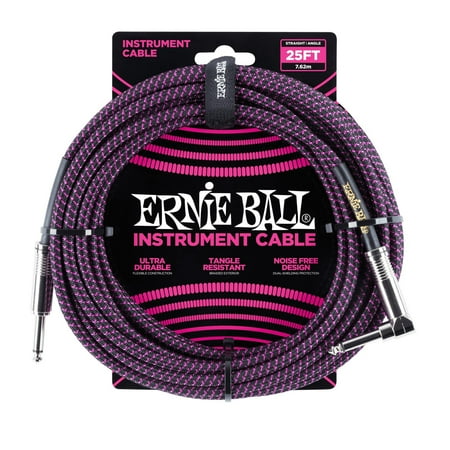 Ernie Ball 25' Braided Straight / Angle Instrument Cable, Black, Neon Purple
