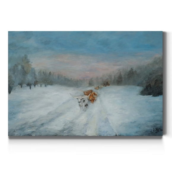 Renditions Gallery Journey Through the Snow IV Wall Art, Longhorns in Winterscape, Western, White Winter, Premium Gallery Wrapped Canvas Decor, Ready to Hang, 12 In H x 18 In W, Made in America Print