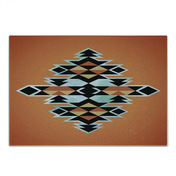 Tribal Cutting Board, Pattern Abstract Design Traditional Elements Print, Decorative Tempered Glass Cutting and Serving Board, Small Size, Orange Black Pale Blue, by Ambesonne