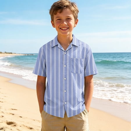 ITSAME Boys Button-Up Shirt Striped Print Short Sleeve School Uniform Casual Collared Shirt with Pocket Sky Blue Size 3-4