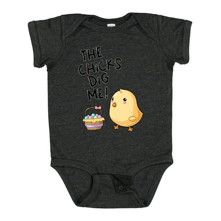 

Inktastic The Chicks Dig Me Easter Baby Chick with Basket and Eggs Gift Baby Boy or Baby Girl Bodysuit