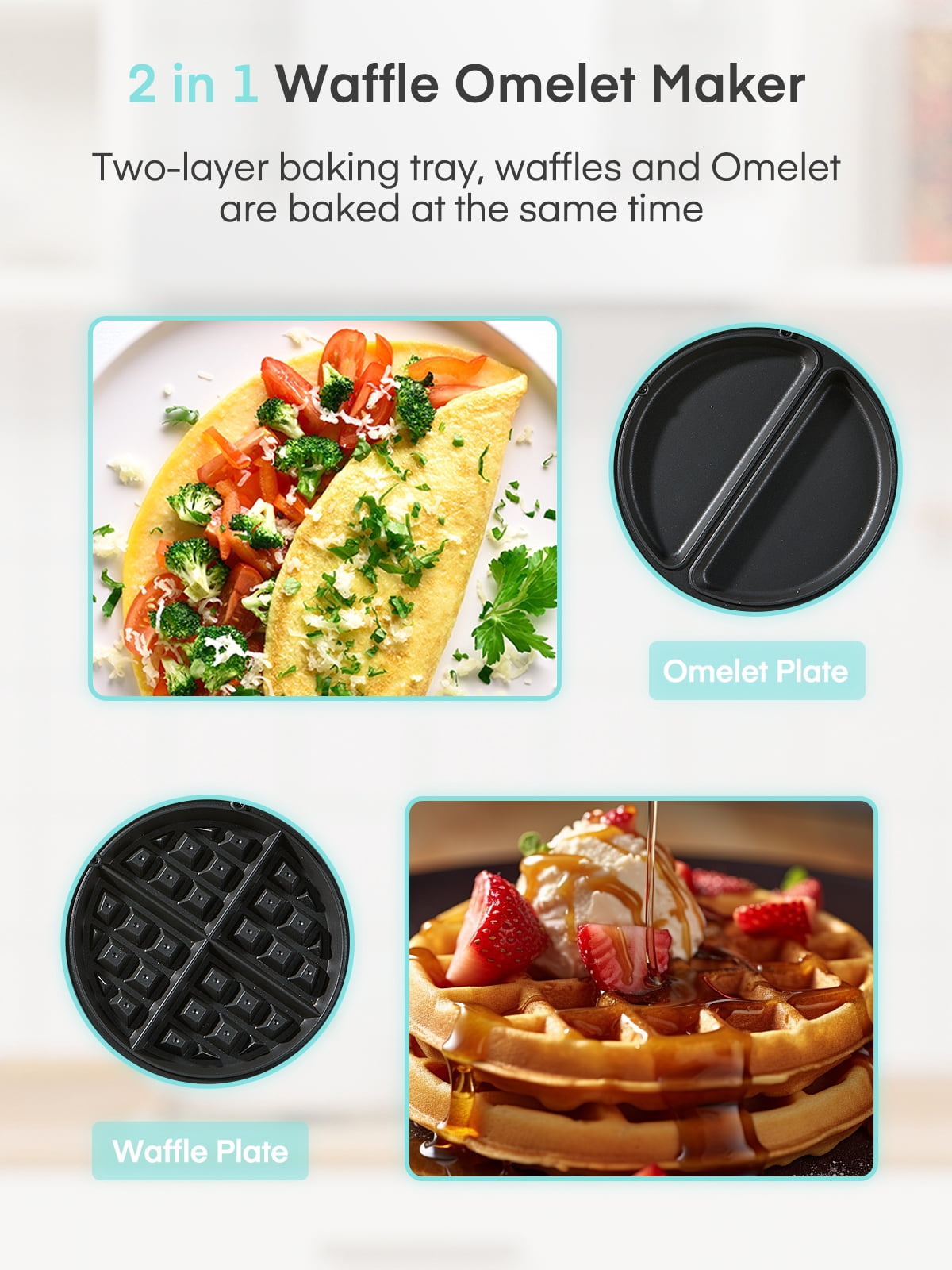 FOHERE 2-in-1 Waffle Maker & Omelette Maker, 1400W 180° Flip Rotating & Nonstick Pans, Blue, New