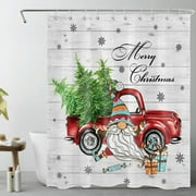 Red Christmas Truck Shower Curtain, Snowflake Christmas Tree and Funny Gnome on Rustic Grey Wood Board Bathroom Shower Curtain Farmhouse Christmas Polyester Fabric Decor Curtain with Hooks, 60X72 inch