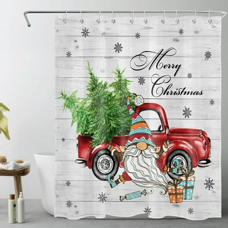 Red Christmas Truck Shower Curtain, Snowflake Christmas Tree and Funny Gnome on Rustic Grey Wood Board Bathroom Shower Curtain Farmhouse Christmas Polyester Fabric Decor Curtain with Hooks, 60X72 inch