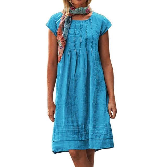 B91xZ Robes de Mode pour Femmes Col Rond Manches Courtes Robes d'Été Couleur Unie Décontractées Midi Amples, Bleu Ciel G