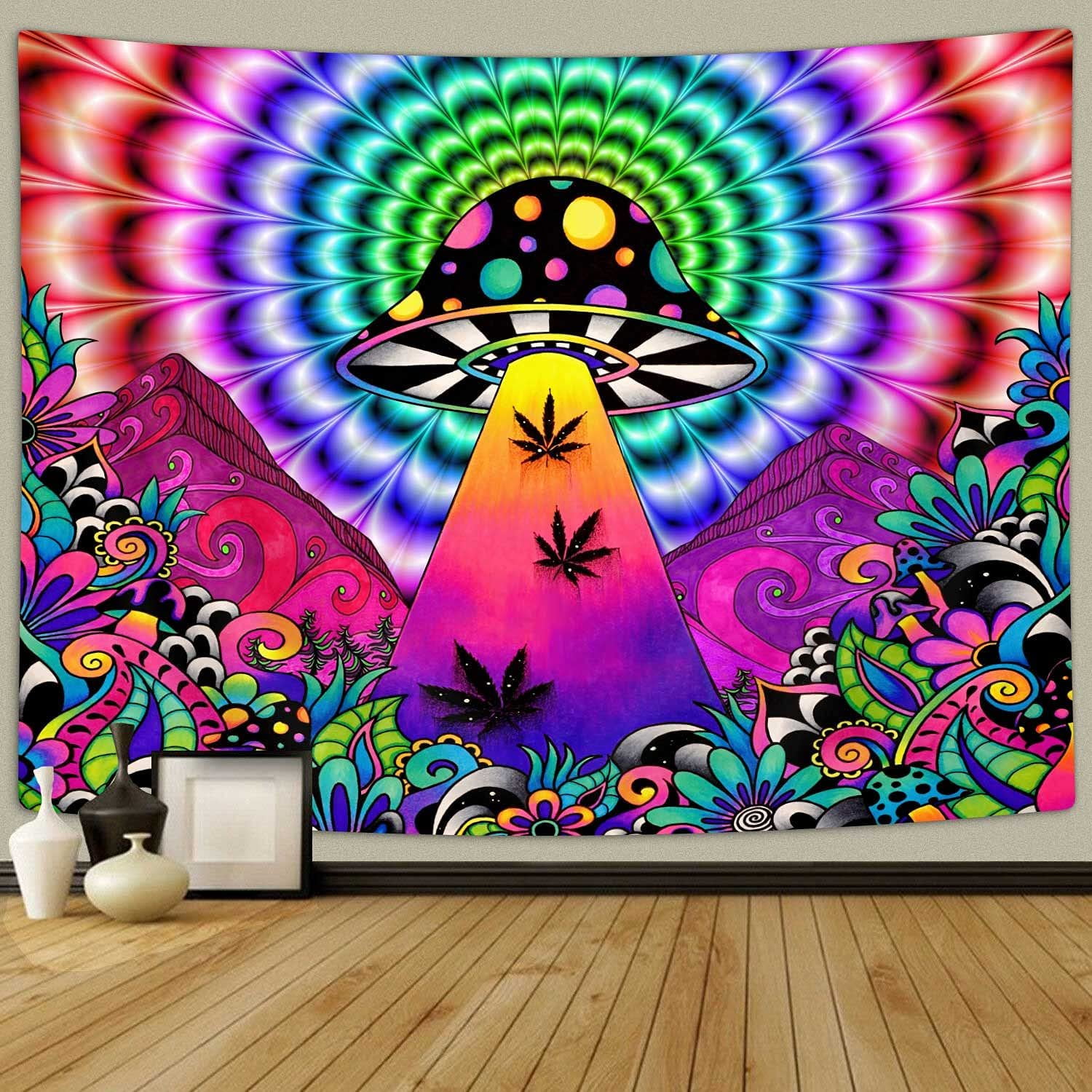 UV Black Light Tapestry,psy Backdrop, Trippy Mushroom Wall Hanging,  Dinosaur Psychedelic Mandala Wall Art, Party Décor, for Bedroom, Room 