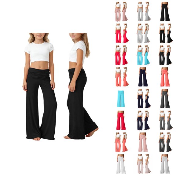 Girls Foldable Waist Pleated Yoga Pants Pure Color Wide Leg Loose Casual Trousers For Everyday Comfort