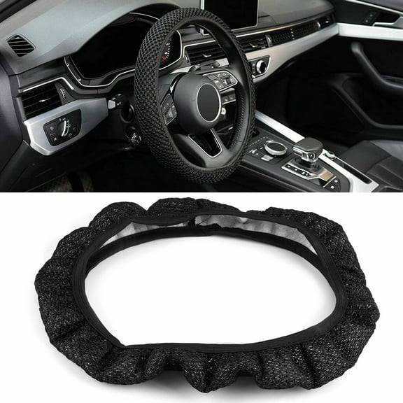 Car Steering Wheel Black Cover Microfiber Leather Anti-slip Breathable 15''/38cm