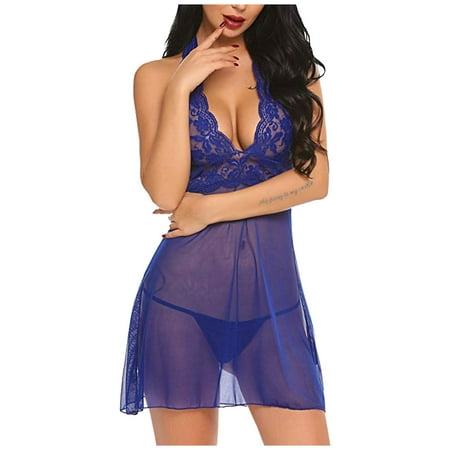 

wendunide underwear women Women Sling Lace Lingerie Pajamas y Halter Nightdress Underwear Set Blue XL