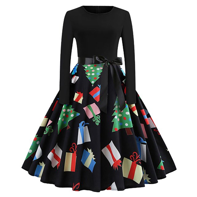 Vestido de fiesta de noche de Navidad con cuello redondo y manga larga con estampado vintage para mujer Fridja nbo911