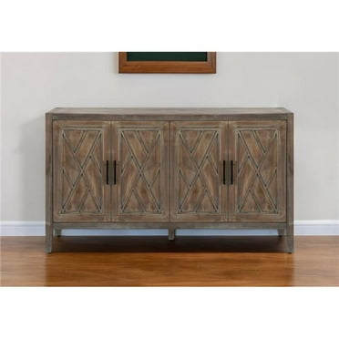 HomeRoots 568408 60 in. Natural Brown Distressed Wood Carved Geometric Sideboard with Four Doors
