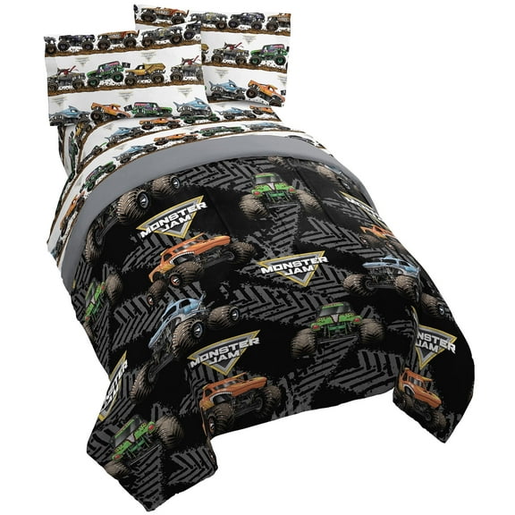 Monster Jam Tracks Novelty Kid's Black 100% Microfiber 5-Piece Bed Set, Twin