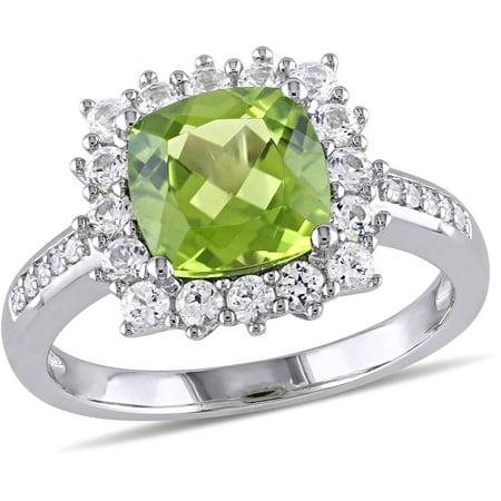 Tangelo 2-3/4 Carat T.G.W. Peridot and Created White Sapphire with Diamond-Accent Sterling Silver Halo Cocktail Ring