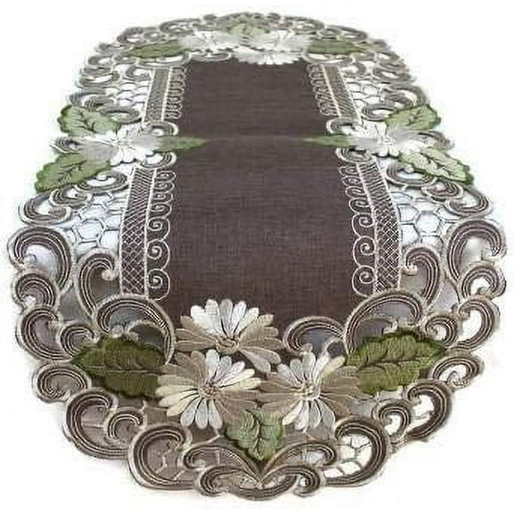 Doily Boutique Table Runner Embroidered with a White Daisy on Brown Burlap Linen Fabric, Size 34 x 15 inches