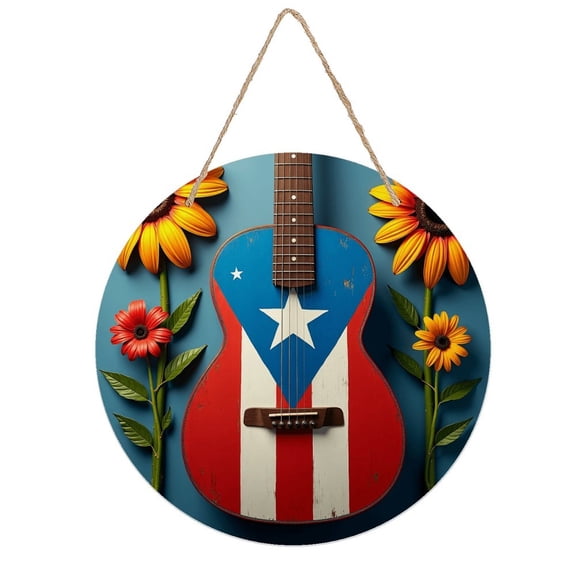Rustic Round Wooden Wall Art Sign, 8" Decorative Home Decor, Vintage Guitar Puerto Rico Flag Flowers Designs, Easy Hang, Gift-Ready for Christmas Living Room Bedroom Kitchen Office