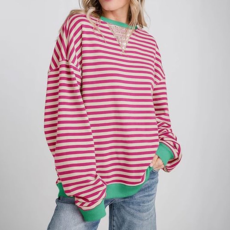 Chanpning Sweatshirt Oversize Femme Rayé Color Block - Col Rond Manches Longues - Style Streetwear Vintage