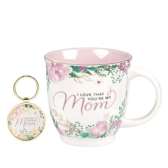 Christian Art Gifts I Love That You're My Mom 2 Piece Gift Set: 14 oz. White, Pink & Purple Floral Ceramic Coffee & Tea Mug Cup w/Matching Keyring & Gold Accents in Coordinating Gift Box for Mothers