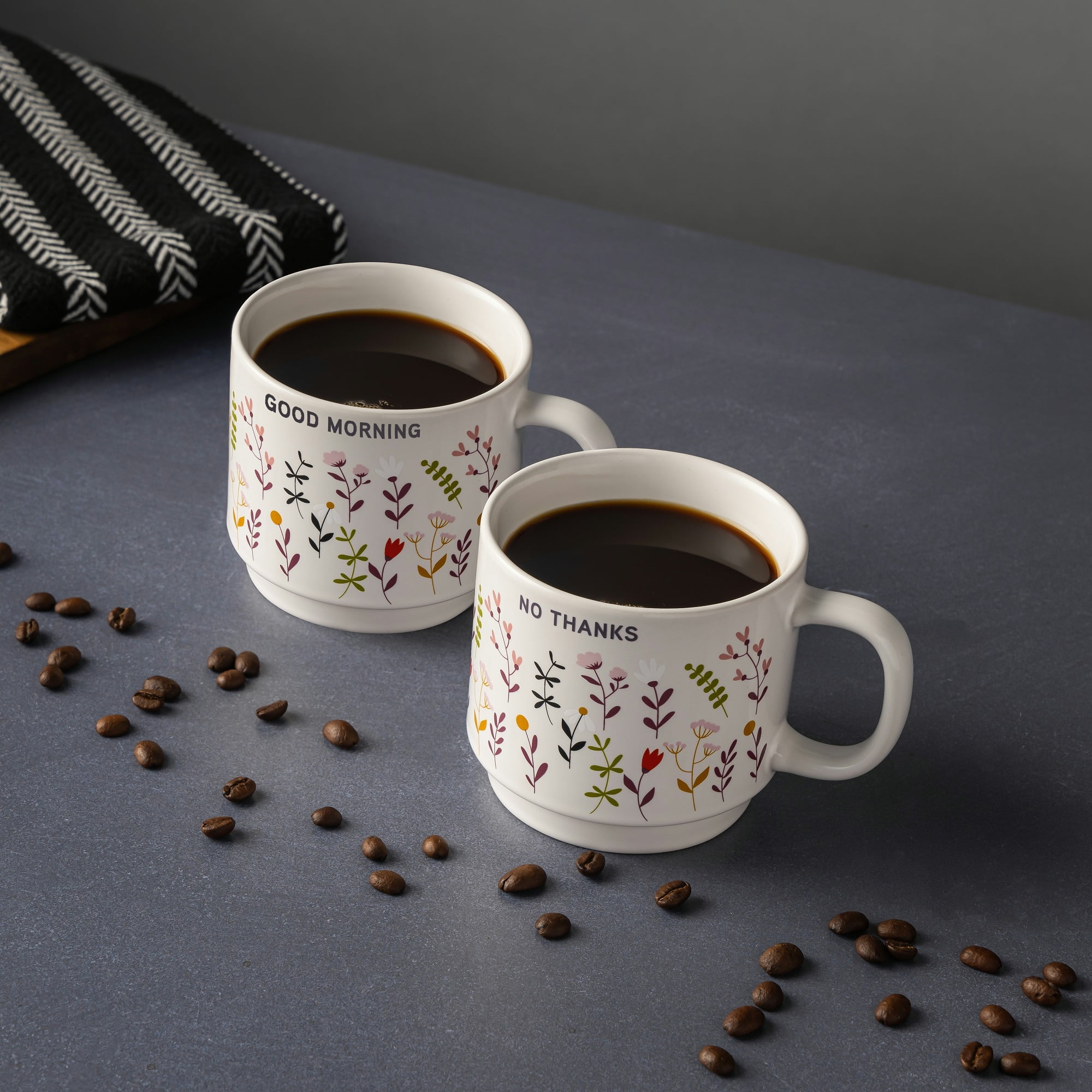 Thyme & Table 2 Pack Stacking Good Morning & No Thanks with Flowers Cream Mugs 14.2 fl oz, Stoneware