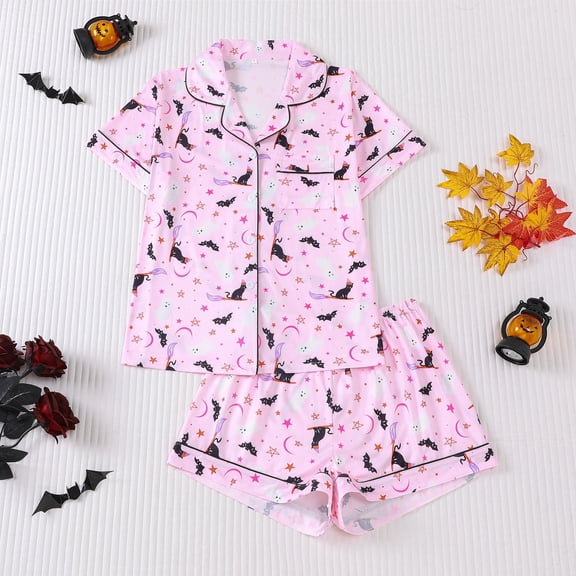 Cartoon Halloween Print Women Matching Satin Pjs, Short Sleeve Button Front Shirt and Relaxed Shorts, Holiday Party Loungewear for Women