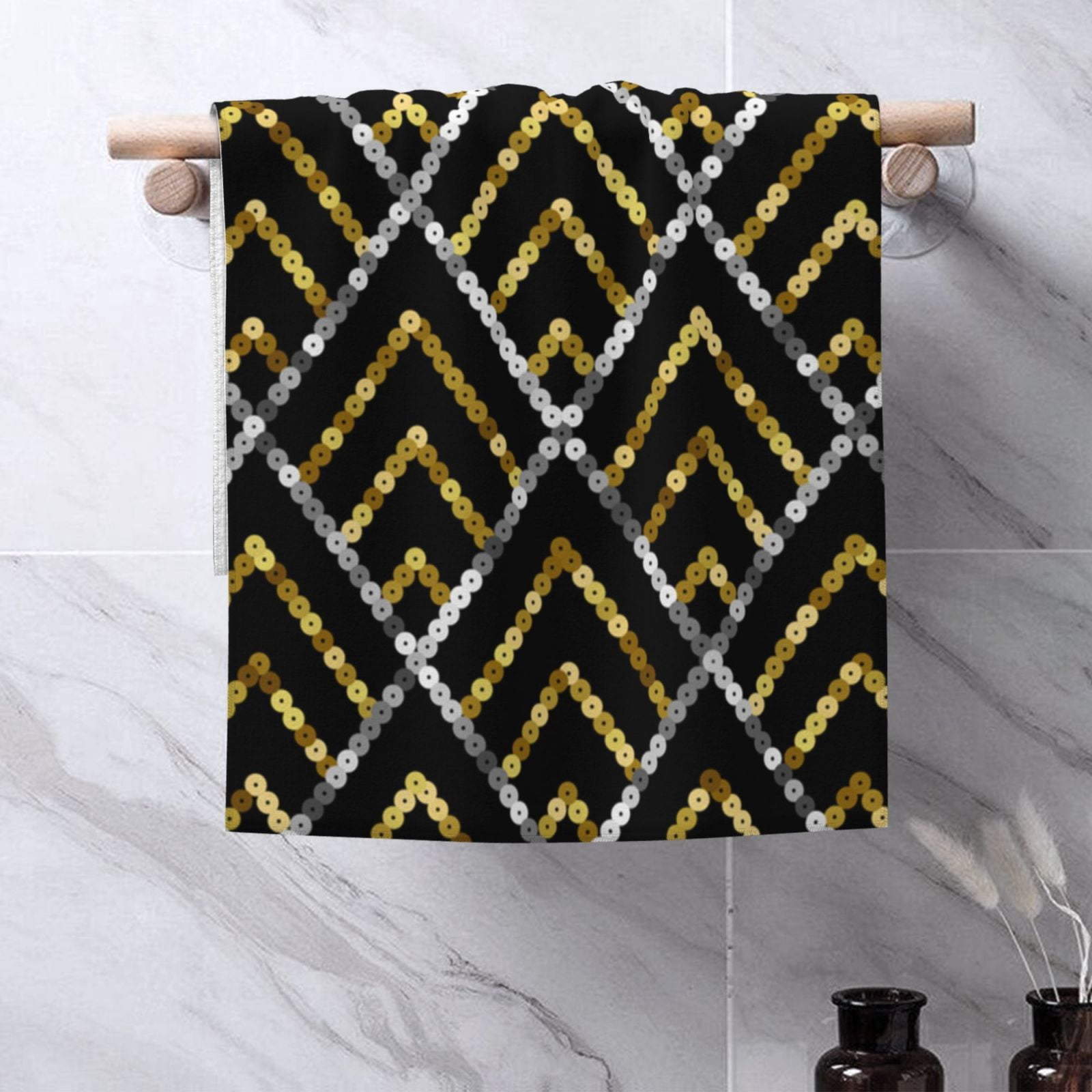 Golden Sequin Glitter Geometric 27.5" x 16" Ultra Soft Hand Towel, Face Wash Cloth for Bathroom, Gym, Travel, Pool