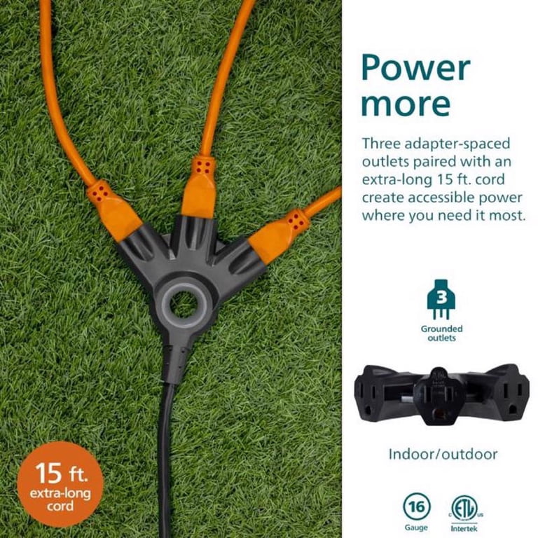 Philips EZGrip 15FT Black Outdoor Indoor Extension Cord with 3