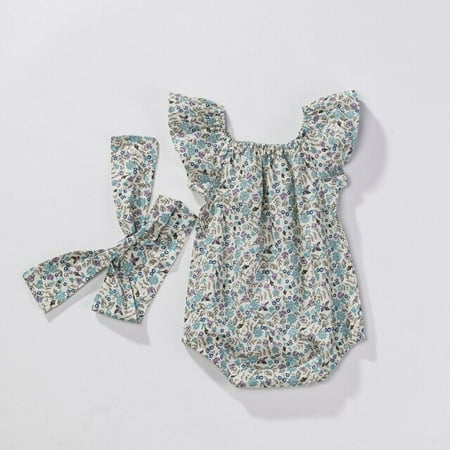 

DanceeMangoo Babany bebe Newborn Baby Girls Flutter Sleeve Floral Romper For Babies Clothes Short Sleeve Romper + Headband 2pcs