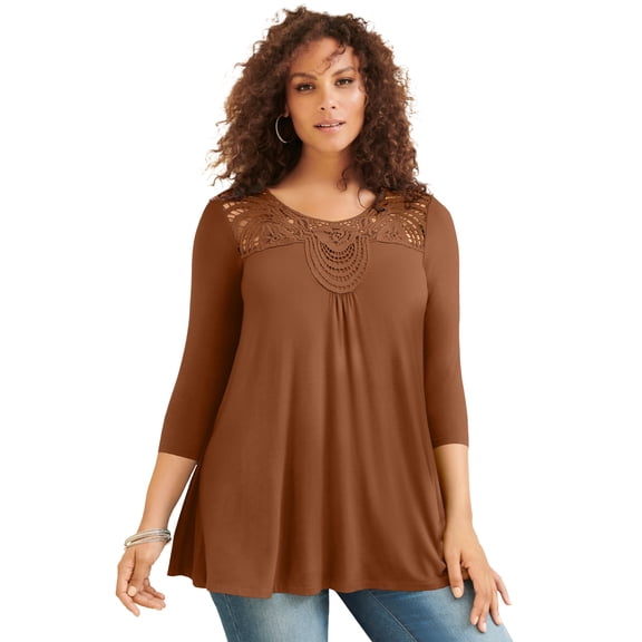 Roaman's Women's Plus Size Crochet Embellished Swing Ultra Femme Tee