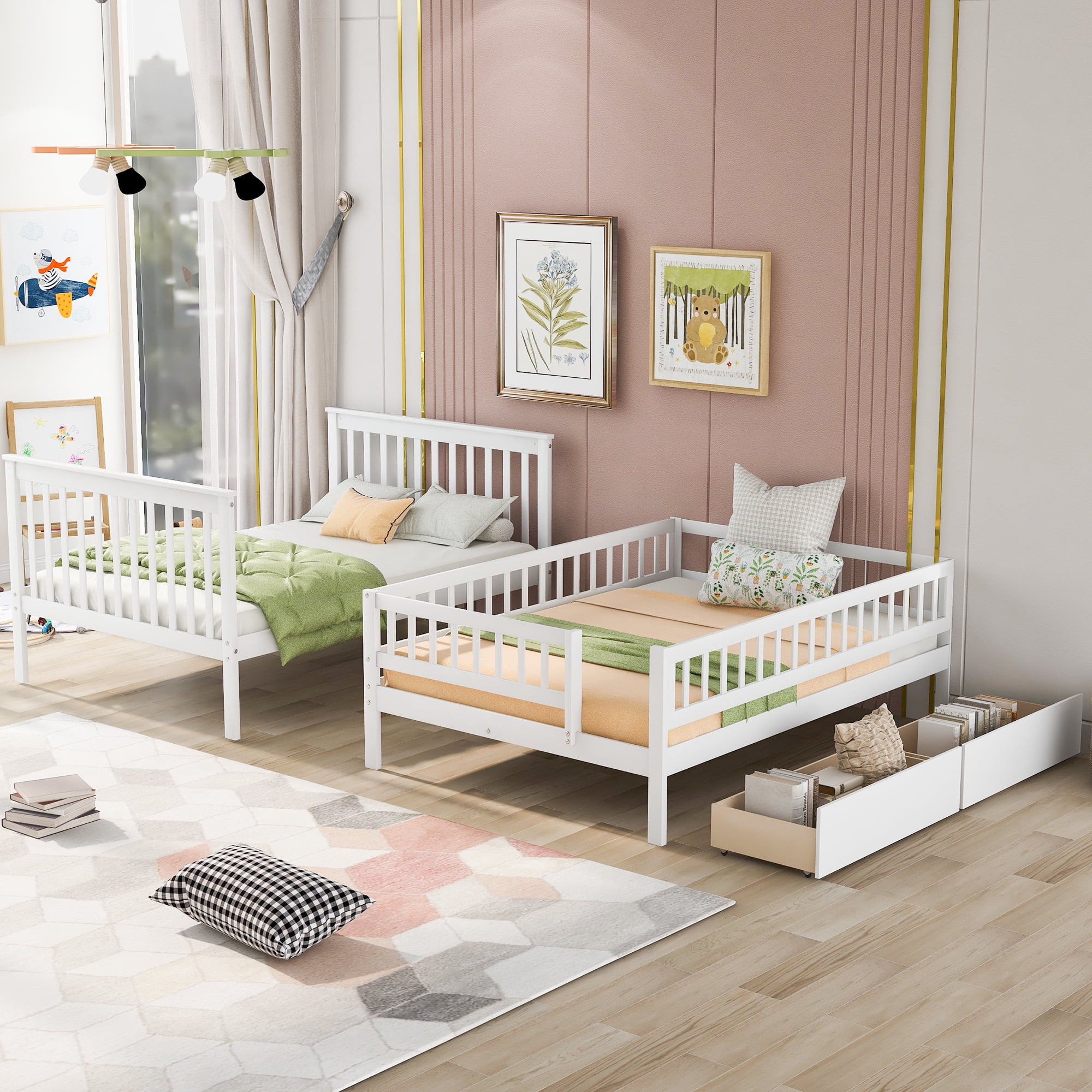 Euroco Full over Full Bunk Bed with Storage Shelves and 2 Under Storage Drawers for Kids Teens Room, White