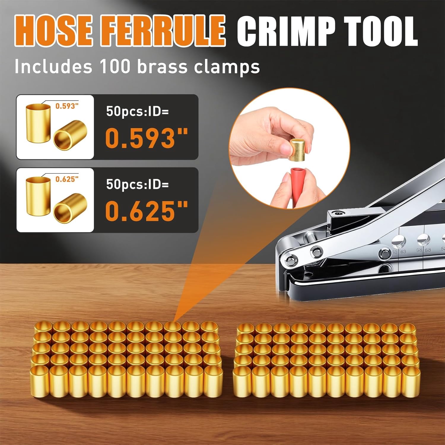Heavy Duty Bench Hose Crimper for 1/4, 5/16, 3/8in ID Hoses, Hose Crimping Tool with 100 Ferrules Fittings (50x 0.593" ID& 50x 0.625" ID), Air Hose Repair Kit, Air Hose Crimper, Torch Hose Repair Kit