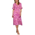 thumbnail image 2 of INSPIRE CHIC Floral Dress for Women's Casual Ruffled Hem Wrap Short Sleeve Midi Dress XS Rose Pink, 2 of 6