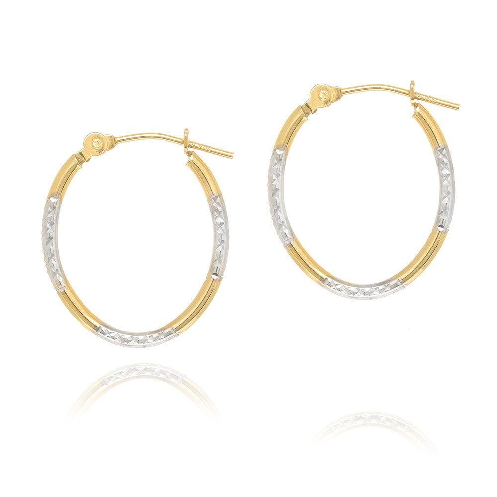 JewelStop 14K Yellow White Gold Oval Diamondcut Hoop Earrings