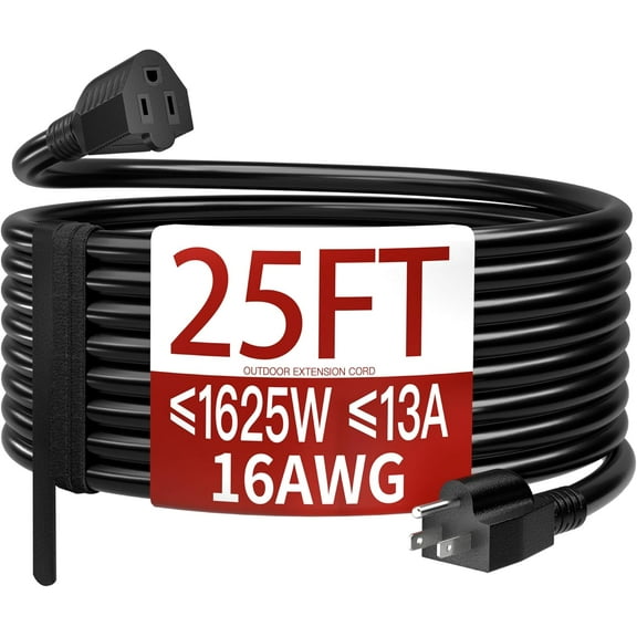 A house of tools 16/3 25 FT Outdoor Extension Cord Waterproof, Weatherproof & Flame Retardant Black 3 Prong Power Cord Outside for Lawn & Garden, 13 Amps 1625 Watts 125 VAC 16AWG SJTW, ETL Listed