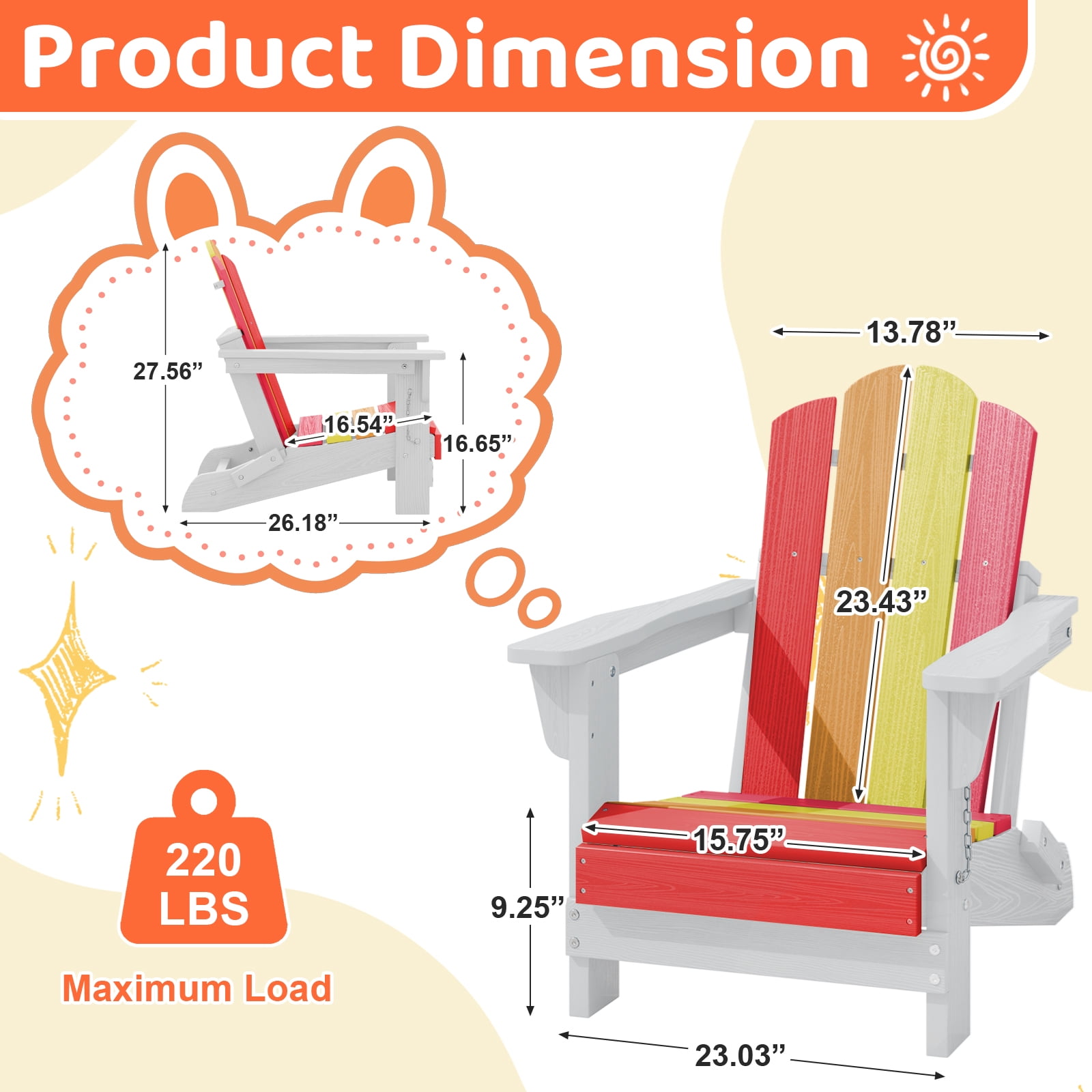 RIAFUN HDPE Adirondack Kids Outdoor Chair, Foldable & Weather-Resistant Toddler Patio Chair for Garden Lawn Yard Deck,Red-to-Pink Gradient