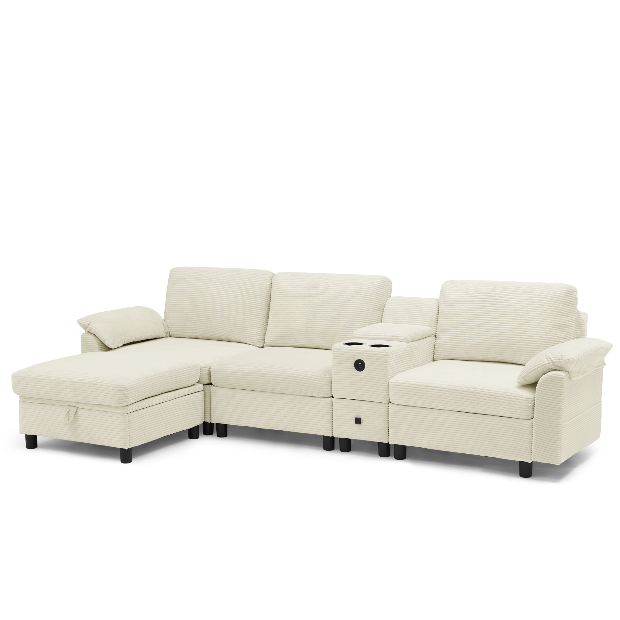 L-Shaped Sectional Sofa with Storage Ottoman and Side Storage Armrest Pockets, 3-Seater Sofa Couch with Beverage Cup Holder Central Console for Living Room Apartment